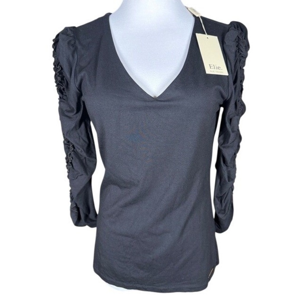 Elie Tahari Womens Black Ruched Long Sleeve V-Neck Top EH225005 Size M NEW